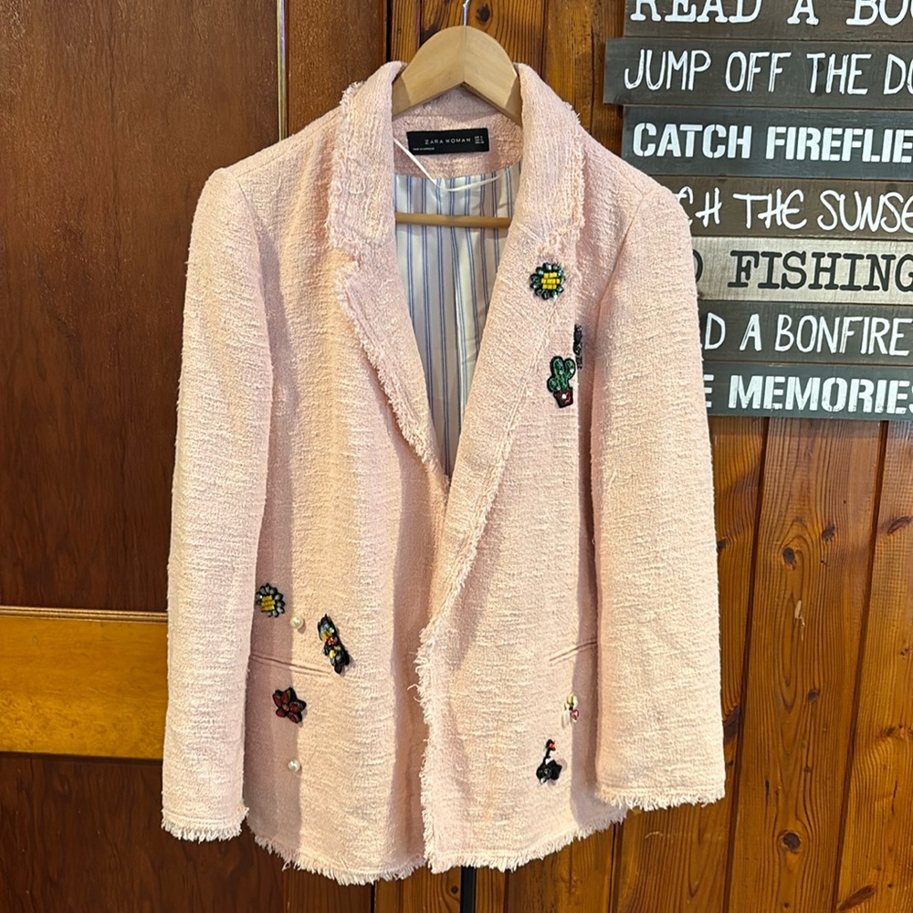 Zara textured Tween Blush Pink Boucle Blazer Jacket patches Medium Easter Spring